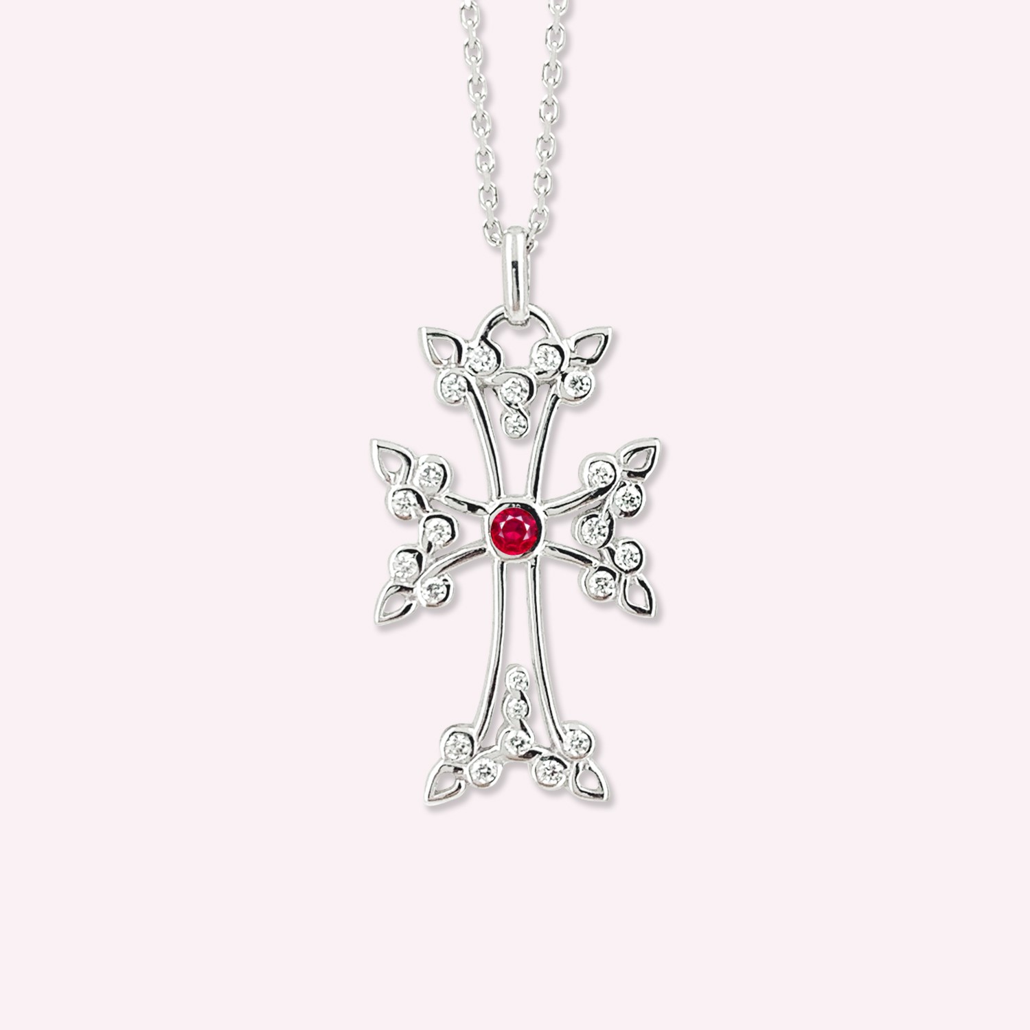 69.KHACHKAR Croix Armenienne Anouch Or Blanc Diamant Rubis