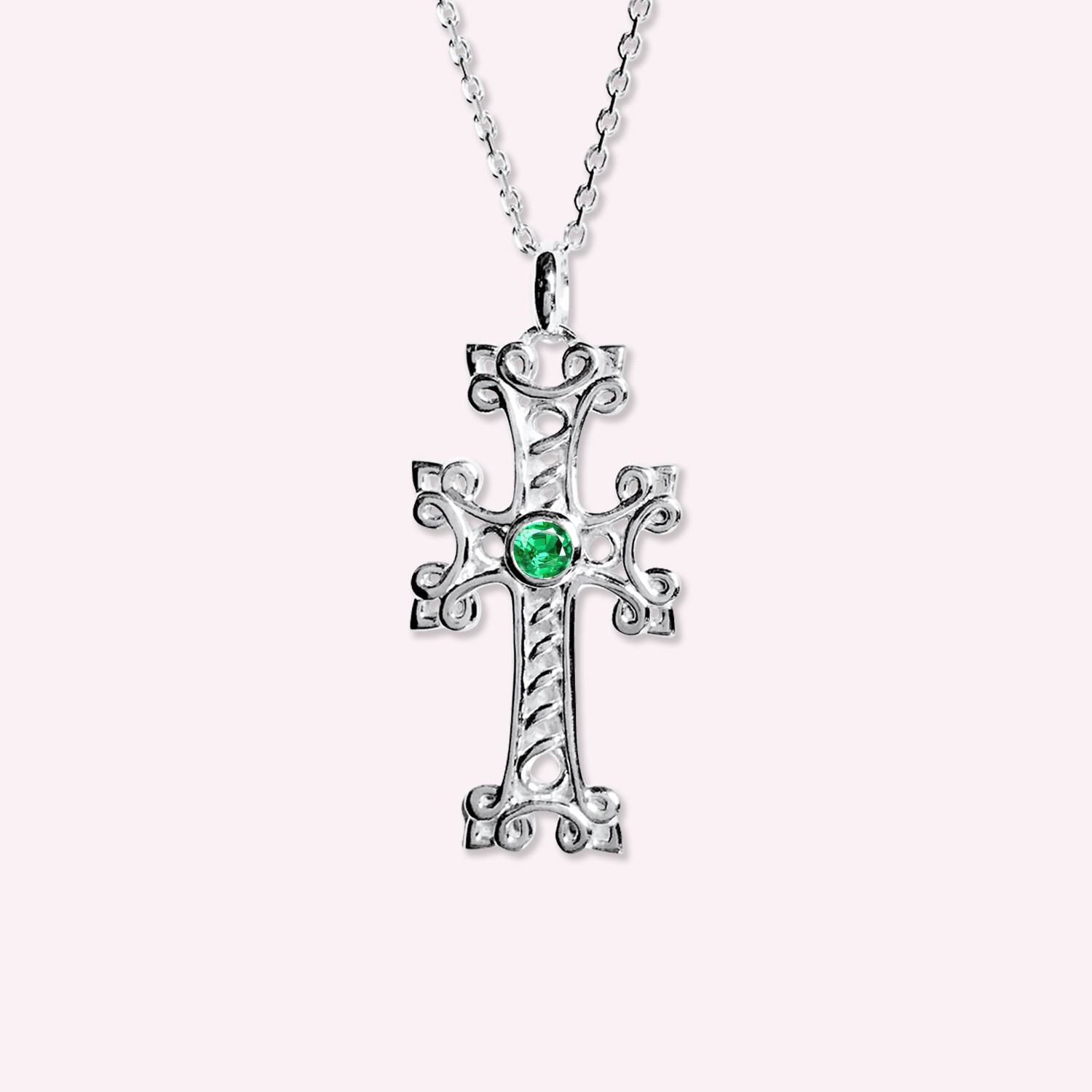 87.KHACHKAR Croix Armenienne Endza Or Blanc Diamant Emeraude